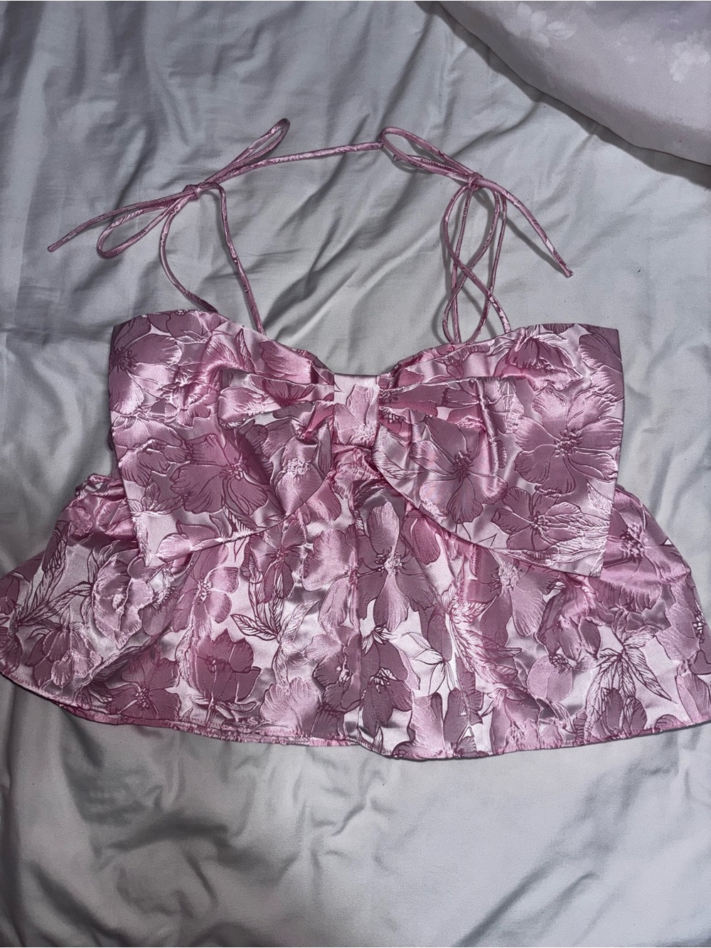 Small Pink Floral Satin Tie-Shoulder Bustier Top